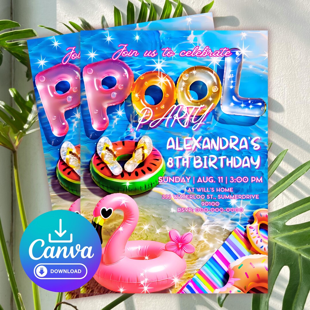 Editable Pool Party Birthday Invitation | Flamingo & Floaties Summer ...