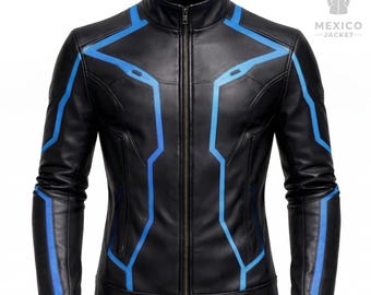 Giacca da motociclista in pelle cyberpunk da uomo ispirata a Tron Ares, con strisce blu, ideale per cosplay.
