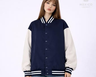 Giacca da college da donna in lana blu navy con maniche in pelle, bomber color crema stile Letterman, giacca da baseball oversize da college