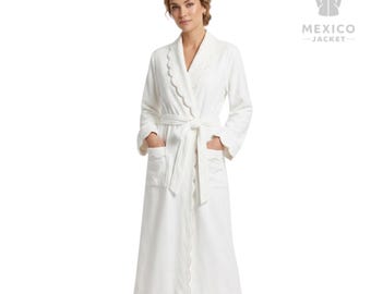 Accappatoio da donna in pile bianco, morbido accappatoio da spa in peluche, vestaglia lunga in spugna