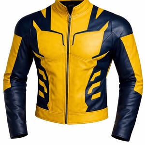May include: A yellow and navy blue leather jacket with a stand-up collar and a full-length zip. The jacket has a geometric design on the chest, shoulders, and sleeves. The sleeves are navy blue, and the body is yellow.