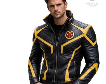 Giacca di pelle ispirata a Wolverine / Costume da motociclista giallo e nero per cosplay