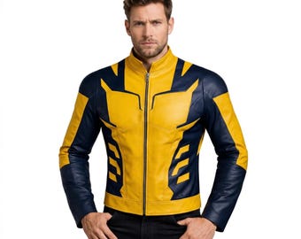 Giacca da motociclista in pelle ispirata a Wolverine – Costume cosplay giallo e blu navy
