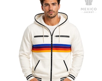 Sudadera con capucha de forro polar inspirada en el Proyecto Ave María, chaqueta retro con cremallera y rayas arcoíris