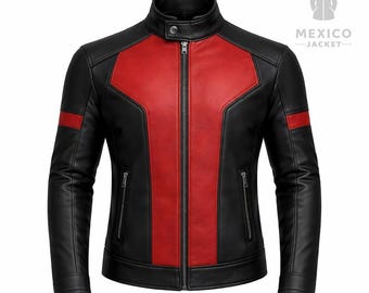 Giacca di pelle rossa e nera di Wade Wilson – Costume da motociclista ispirato a Ryan Reynolds per uomo