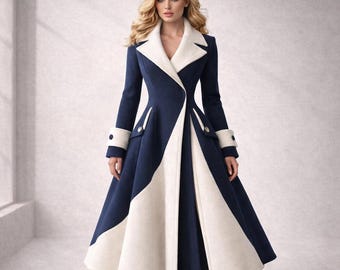 Cappotto invernale in lana blu navy di ispirazione vintage con rifiniture color crema e taglio a trapezio