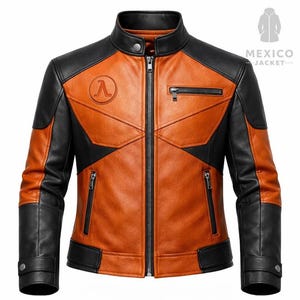 May include: A two-tone leather jacket in black and orange. The jacket has a stand-up collar, a zip-up front, and multiple zippered pockets. The left chest has a circular emblem. The sleeves are black, and the body is orange. The brand name "MEXICO JACKET" is visible.