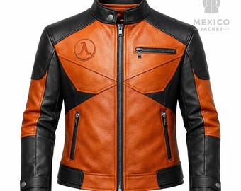 Giacca da motociclista in pelle nera arancione ispirata a Half-Life – Costume da cosplay per gamer