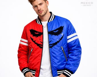 Giubbotto bomber ispirato a Joker, spacco rosso e blu, cosplay di fumetti