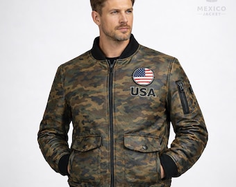 Giubbotto bomber mimetico da uomo, toppa con bandiera USA, stile militare