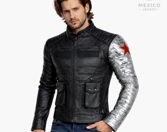 Giacca da uomo in pelle nera Bucky Barnes - Braccio in metallo argentato, Cosplay Red Star