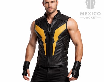 Gilet da motociclista da uomo in pelle nera e gialla – Costume cosplay ispirato a Mortal Kombat
