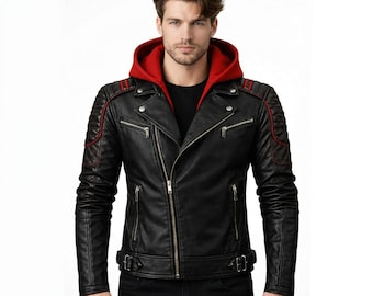 Giacca da motociclista in pelle ispirata ai pipistrelli con cappuccio rosso – Outfit trapuntato in stile biker