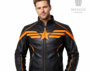 Giacca da motociclista da uomo in pelle nera con stella, stile racer a righe arancioni