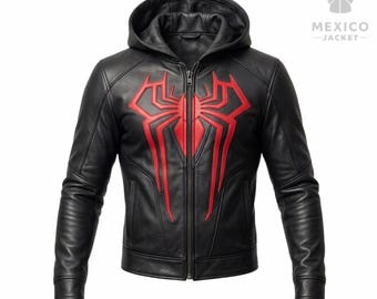 Spider Inspired Leather Jacket Men, Red Emblem Cosplay Hoodie Costume Outerwear