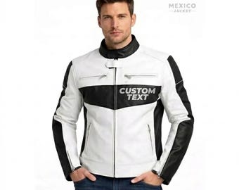 Giacca da motociclista in pelle ispirata a Vin Diesel, stile racing bianco e nero.