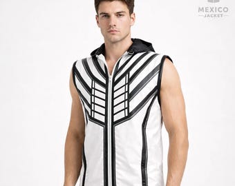 Gilet con cappuccio in pelle cyberpunk da uomo, giacca senza maniche da motociclista futuristica