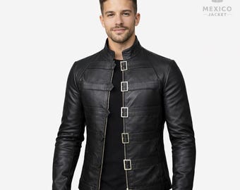 Giacca da motociclista in pelle nera da uomo: cinturino con fibbia, giacca slim fit