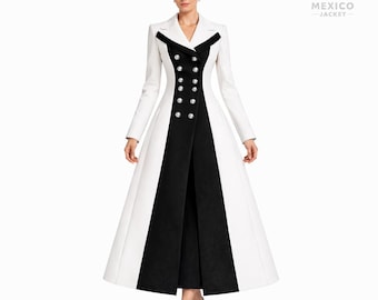 Abito in lana bianco e nero - Abito invernale formale midi a doppio petto con linea ad A