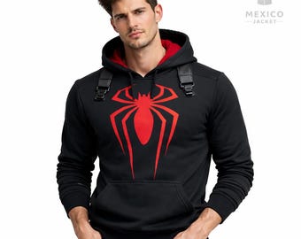 Felpa con cappuccio Spider Black – Stampa Red Web sul retro, Felpa Streetwear con stampa a fumetti