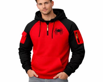 Felpa con cappuccio rossa e nera con grafica a ragno – Felpa streetwear da uomo