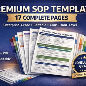 May include: A stack of documents labeled "Premium SOP Template" with the text "17 Complete Pages." The documents are white with blue, green, and orange accents. The image also includes the text "Word + PDF" and "Fully Editable."