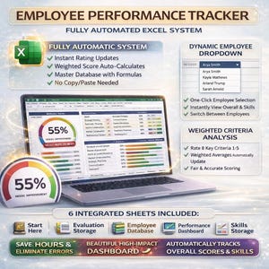 May include: A laptop screen showing an employee performance tracker in an Excel system. The display features a dashboard with charts and data, including a 55% needs improvement indicator. Text highlights features like instant rating updates and weighted criteria analysis.