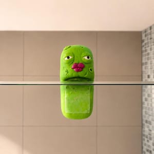 May include: A bright green, cylindrical soap holder shaped like a cartoon character with a textured surface, drooping eyes, and prominent pink lips. The holder is mounted on a thin, horizontal glass shelf, with the lower half hanging below.
