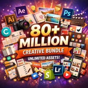May include: A colourful graphic advertising a creative bundle, featuring the text "80+ MILLION CREATIVE BUNDLE UNLIMITED ASSETS!". The image includes icons for design software, a camera, a phone, and other creative tools, set against a sparkling background.
