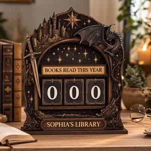 May include: A decorative wooden book counter with a fantasy theme. The counter displays "BOOKS READ THIS YEAR" and "SOPHIA'S LIBRARY". The counter has a castle, sword, dragon, and star design. The counter shows "000" for the number of books read.