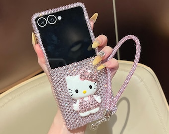 Niedliche glitzernde Hello Kitty Strass Handyhülle mit Band für Galaxy Z Flip 7, 6, 5, 4, 3