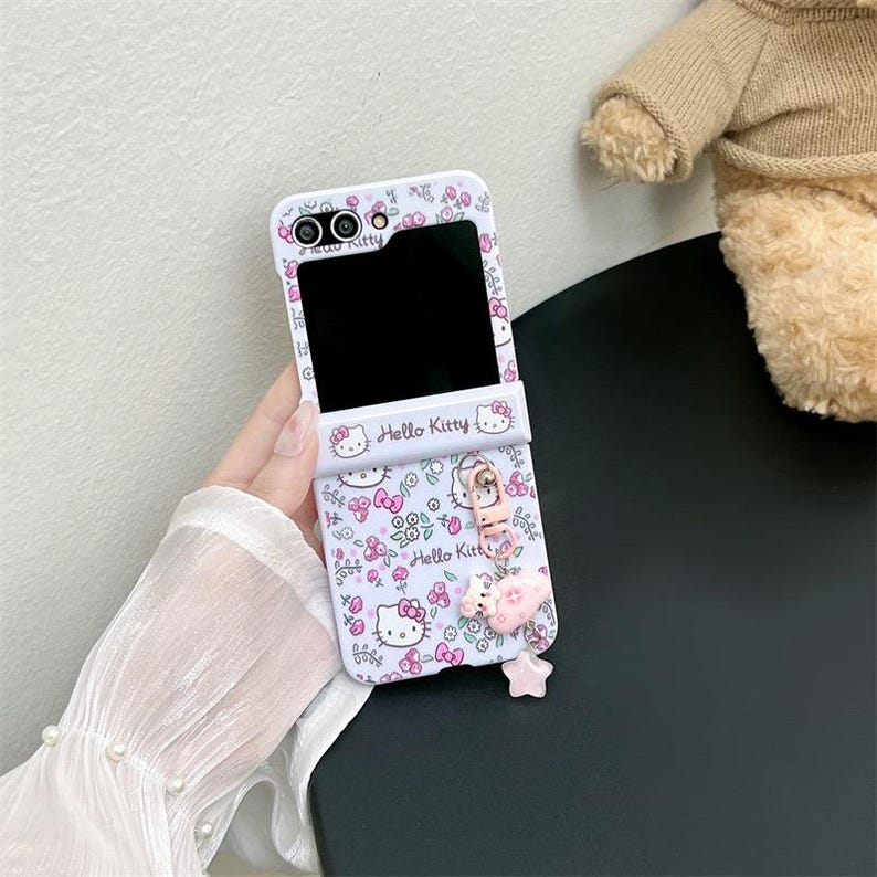 Cute Floral Hello Kitty Phone Case with Strap for Galaxy Z Flip 7 6 5 4 3 Case A + Accessories