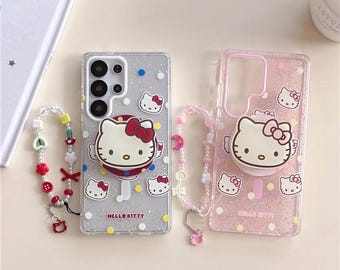 Glitzer Bunt Tupfen Hello Kitty magnetische Handyhülle mit Schlüsselband, Halter für S26 S25 S24 S23 S22 Ultra Plus