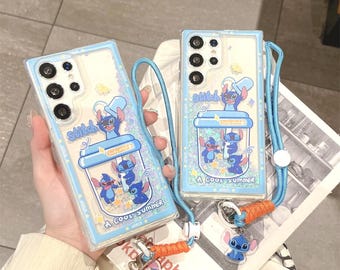 Cartoon Stitch Glitzer Handyhülle mit Lanyard (Samsung S23-S26 Serie)