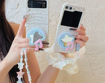 Funda magnética con diseño de estrellas onduladas y coloridas, con cordón, para Galaxy Z Flip 7/6/5/4/3