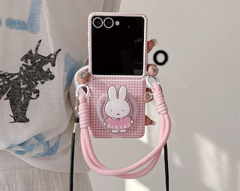Miffy Handyhülle rosa kariert mit Lanyard für Samsung Galaxy Z Flip 3/4/5/6/7