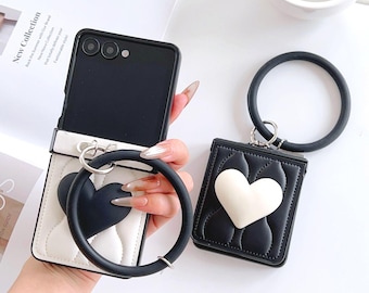 Leather Heart Phone Case with Strap, Galaxy Z Flip 7 6 5 4 3