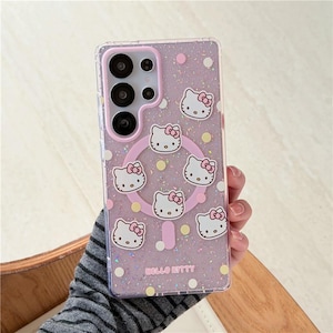 Glitzer Bunt Tupfen Hello Kitty magnetische Handyhülle mit Schlüsselband, Halter für S26 S25 S24 S23 S22 Ultra Plus Only B case