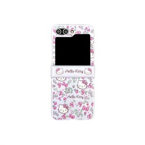 May include: White phone case featuring a Hello Kitty design with pink bows, flowers, and the Hello Kitty logo. The case has a flip-style design with a black screen area and camera cutouts.