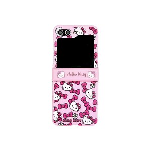 May include: Pink phone case featuring a Hello Kitty design with repeating images of the character and pink bows. The case has a flip-style design with a black screen and the words "Hello Kitty" printed on the front.