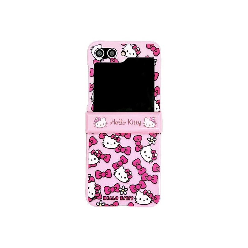May include: Pink phone case featuring a Hello Kitty design with repeating images of the character and pink bows. The case has a flip-style design with a black screen and the words "Hello Kitty" printed on the front.