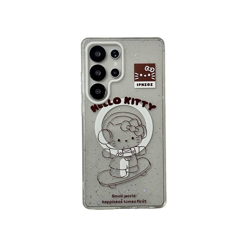 Puede incluir: Funda transparente para tel&eacute;fono con dise&ntilde;o de Hello Kitty. La funda presenta un gr&aacute;fico marr&oacute;n de Hello Kitty en monopat&iacute;n, con las palabras "Hello Kitty" arriba y "Small world- happiness comes first" abajo. Tambi&eacute;n tiene un logotipo marr&oacute;n y recortes para la c&aacute;mara.