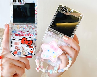 Niedliche Hello Kitty Star Rocking Magnetische Handy Hülle mit Lanyard für Galaxy Z Flip 7 6 5 4 3