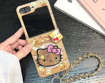 Niedliche Leopard Hello Kitty Magnetische Handyhülle mit Lanyard für Samsung Galaxy Z Flip 7 6 5 4 3
