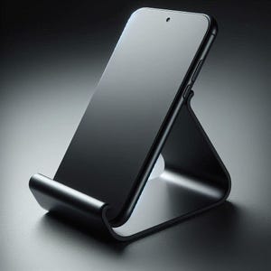 Könnte beinhalten: Ein schwarzes Smartphone auf einem geschwungenen, mattschwarzen Ständer. Das Gerät verfügt über einen dunklen, reflektierenden Bildschirm mit einer kleinen kreisförmigen Kameraaussparung in der oberen Mitte. Der Ständer hat ein glattes C-Profil.