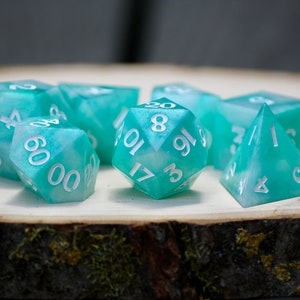 Seafoam Green Polyhedral Dice Set for DnD - 7-Piece Handcrafted RPG Dice, Swirling Translucent Design, Unique Gamer Gift