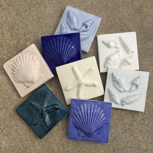 8 Colors IN STOCK, 3x3 SeaShore tiles in Sets of 3,  Shades of Blue & White GLOSS Glazes, Set A -- Starfish, Scallop Shell, 4Shells