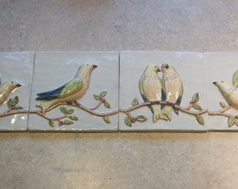 Birds on a Vine Handpainted Ceramic Tiles  -- Set of 4, IN STOCK