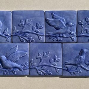 IN STOCK in 5 Glazes -- Sets of Seven Birds on a Vine Accent tiles, Relief tiles, Backsplash panel, bathroom tiles, fireplace tiles