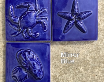 8 Colors IN STOCK, 3x3 SeaShore tiles in Sets of 3, Shades of Blue & White GLOSS Glazes, Set C-- Little Crab, ShellStar, Oyster and Scallop